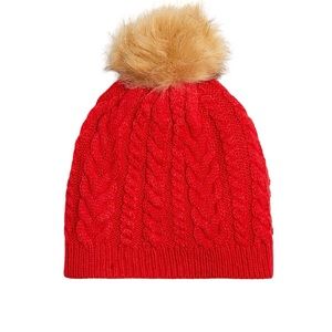 J. Crew Factory Cable Pom Pom Beanie Hat in Red